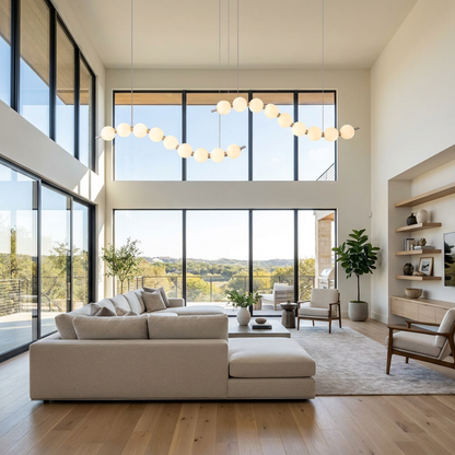 Nacre double strand linear pearl chandelier in a modern Austin living room
