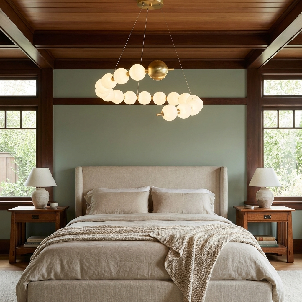 Coralyn round ring LED chandelier in a primary bedroom of a craftsman home