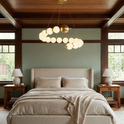 Coralyn round ring LED chandelier in a primary bedroom of a craftsman home