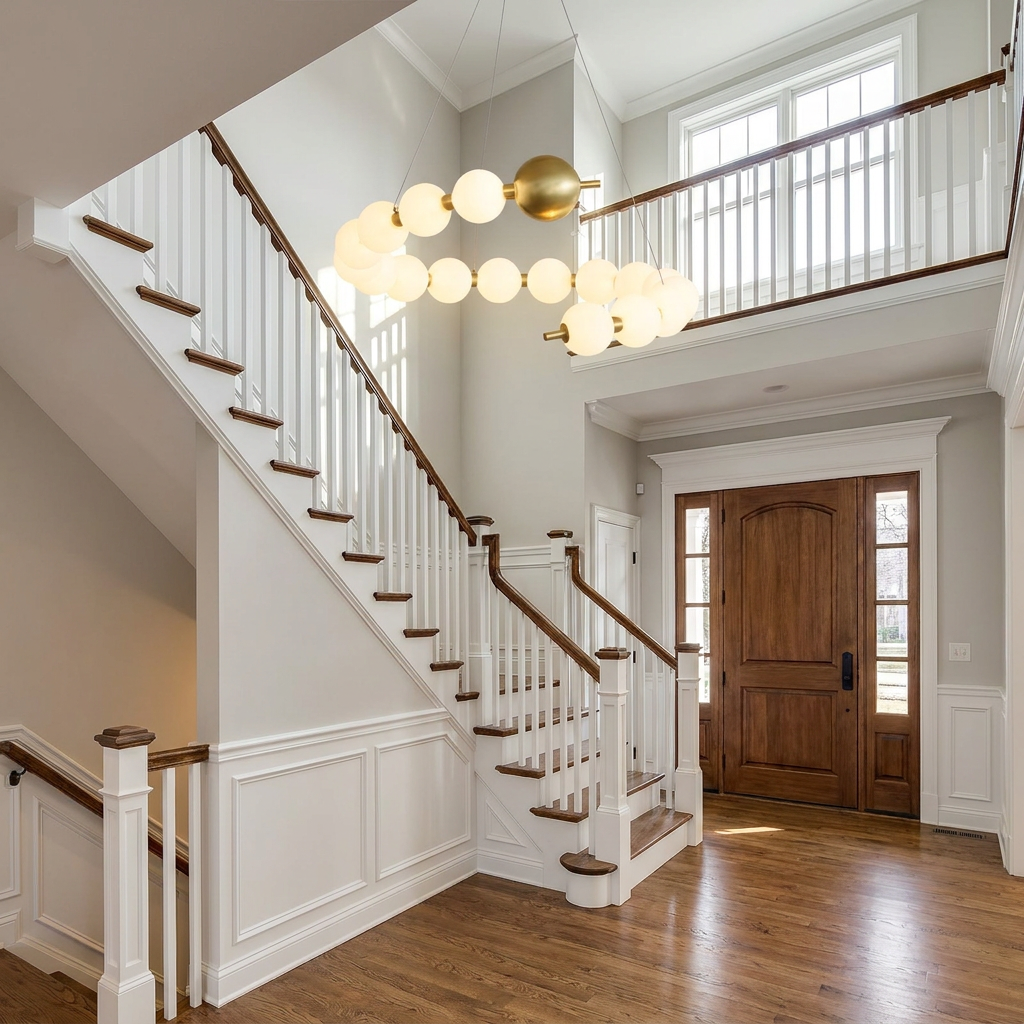 Coralyn round ring LED chandelier in a two story foyer of a colonial home