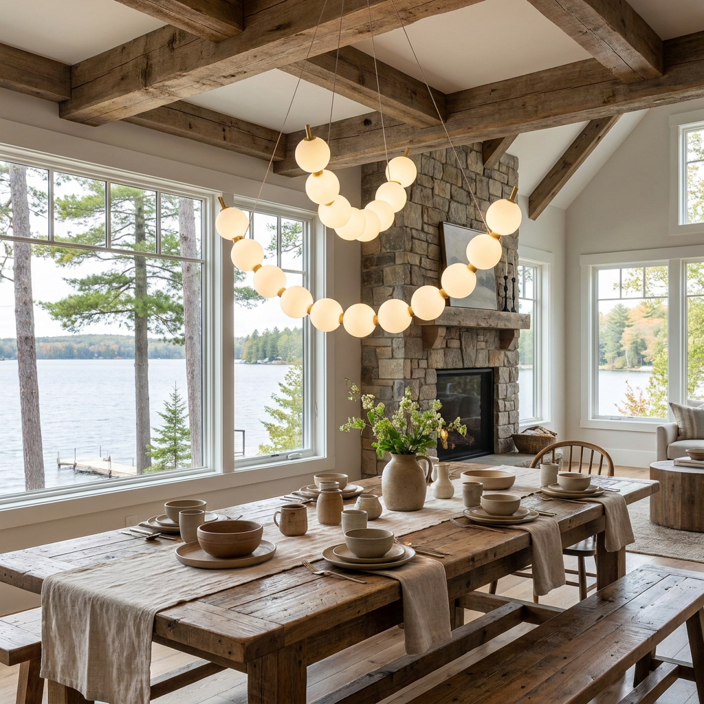 Coralyn stacked two ring LED chandelier over a dining table in a lake house
