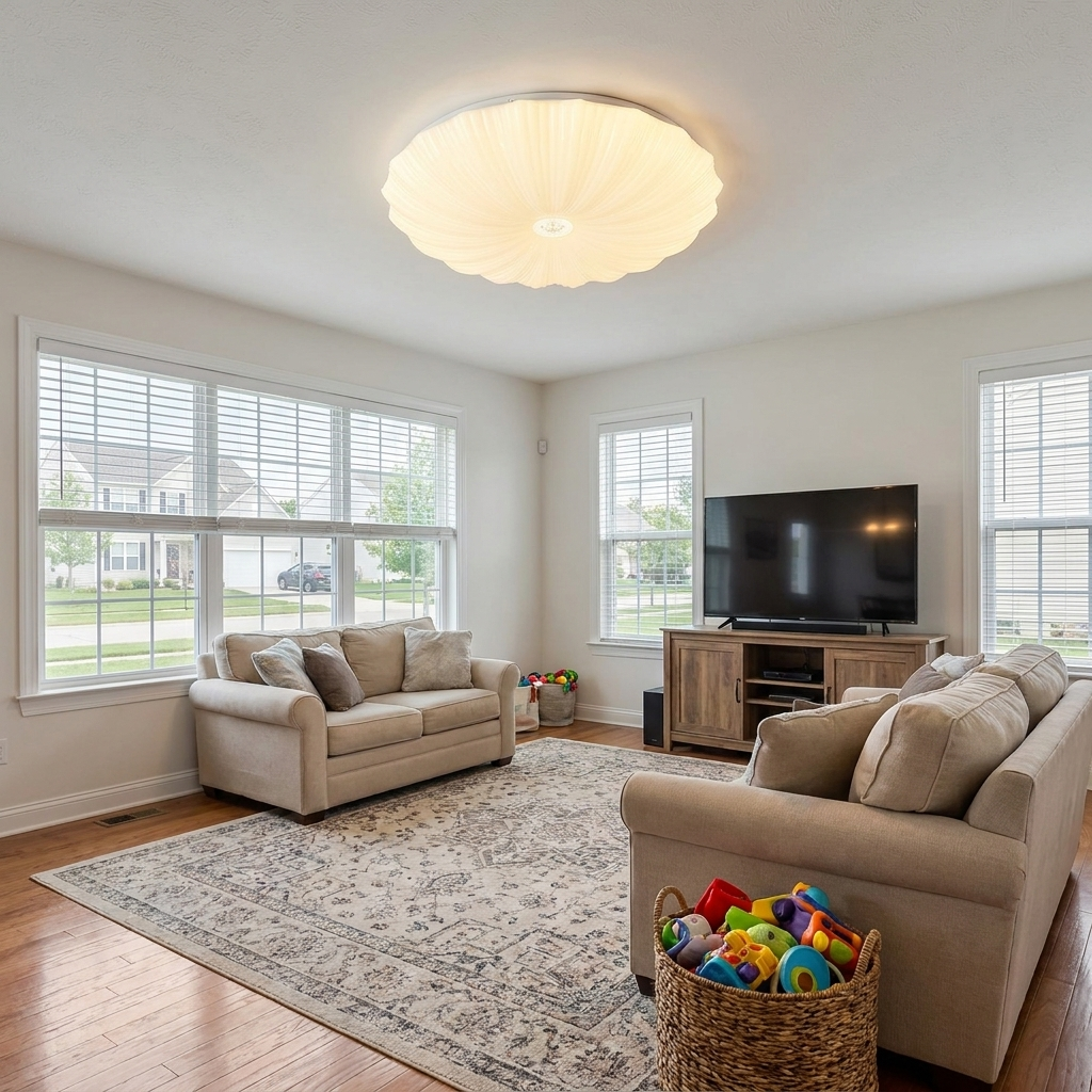 Conque white acrylic scalloped shell shaped round LED flush mount ceiling light in a family room