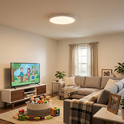 Lamina ultra thin round white LED flush mount ceiling light in a family room