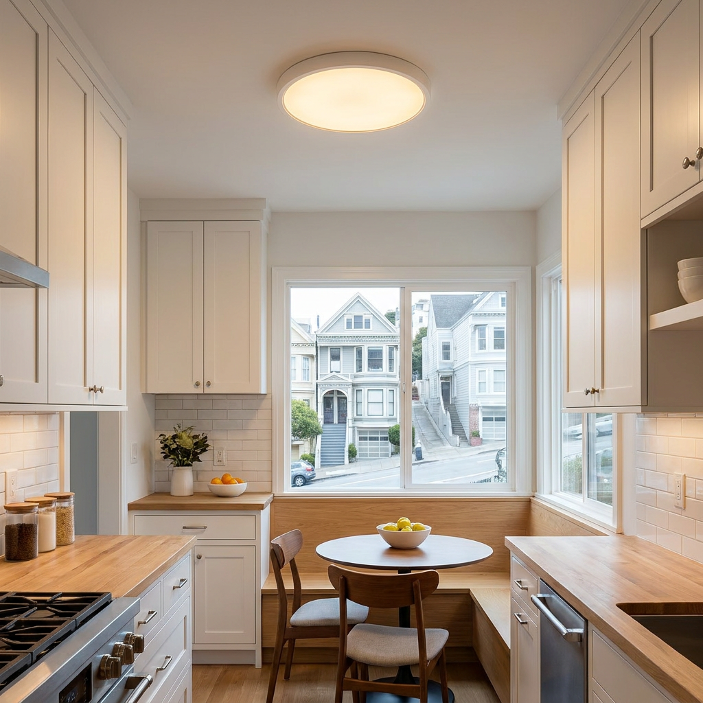 Lamina ultra thin round white LED flush mount ceiling light in an apartment kitchen