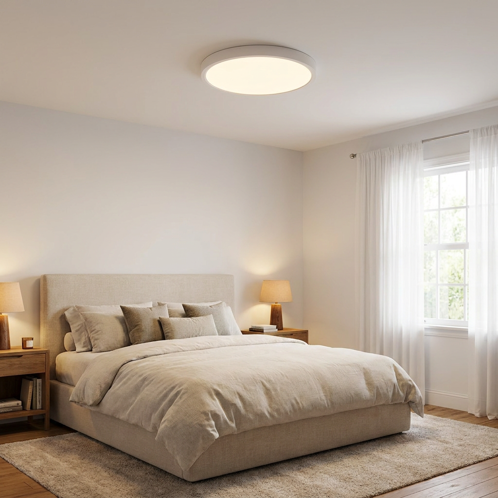 Lamina ultra thin round white LED flush mount ceiling light in a suburban bedroom