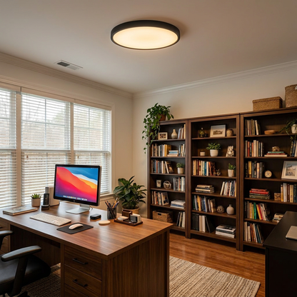 Lamina ultra thin round LED flush mount ceiling light in a home office