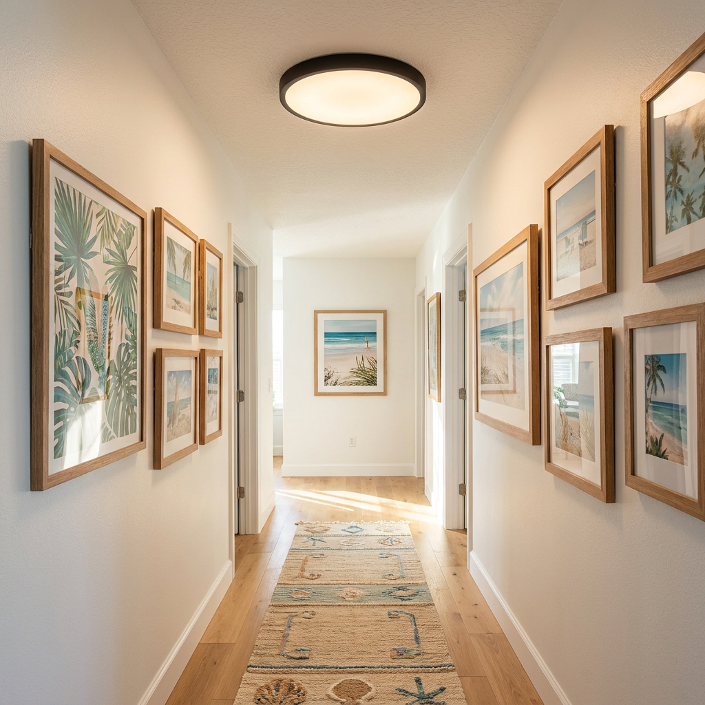Lamina ultra thin round LED flush mount ceiling light in a hallway
