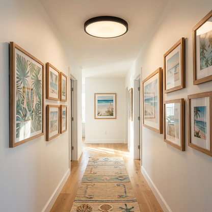 Lamina ultra thin round LED flush mount ceiling light in a hallway
