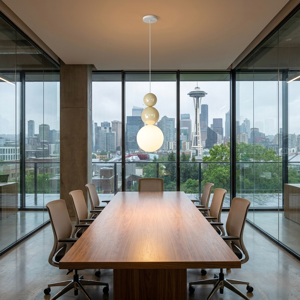 Trilla three ball acrylic pendant light over a conference table