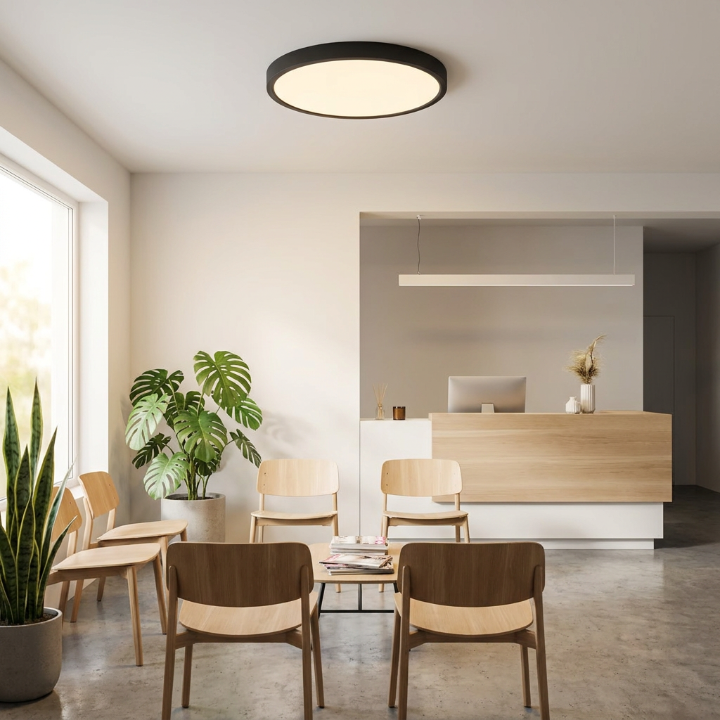 Lamina ultra thin round LED flush mount ceiling light in a dental office waiting room