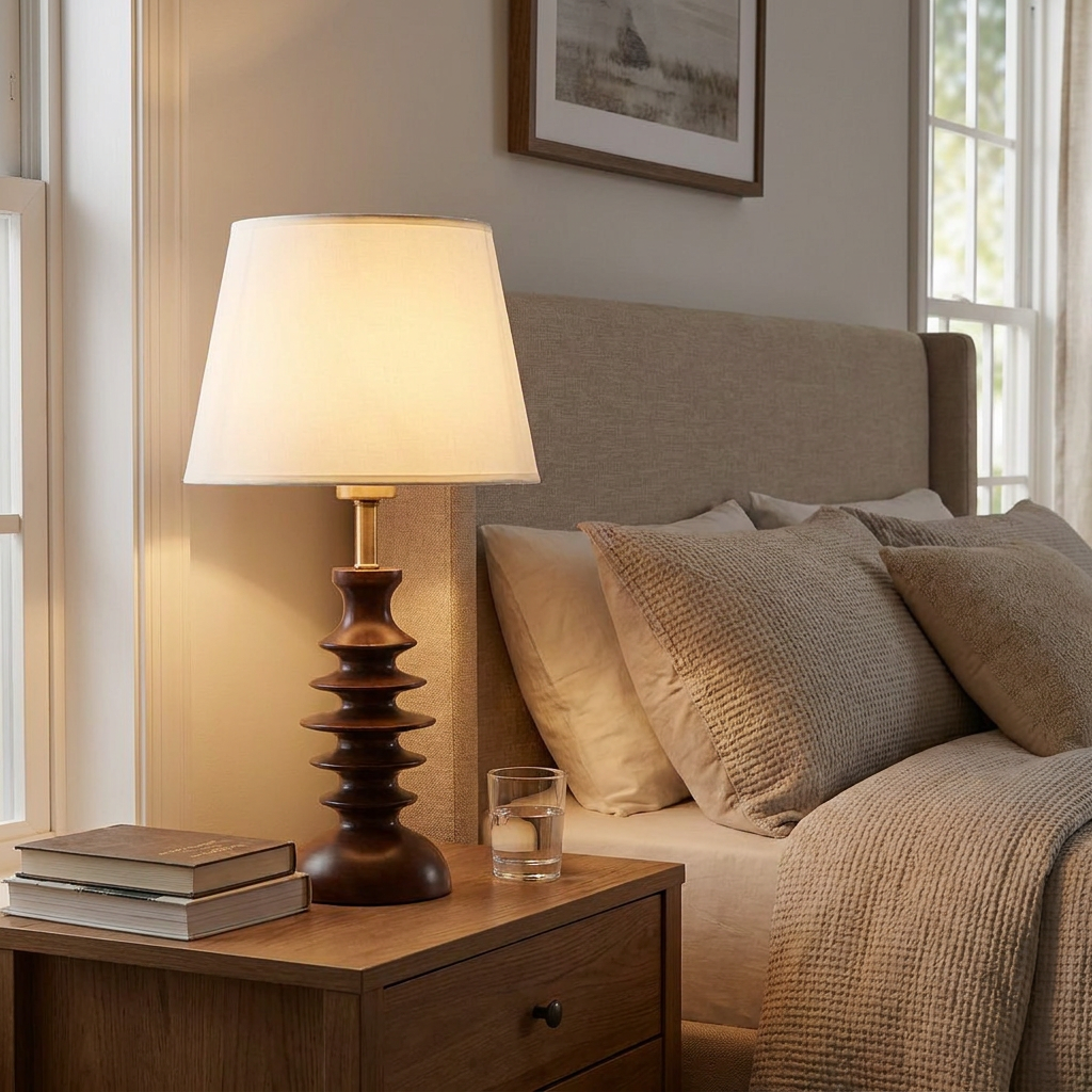 Wendell table lamp on a nightstand in a suburban bedroom