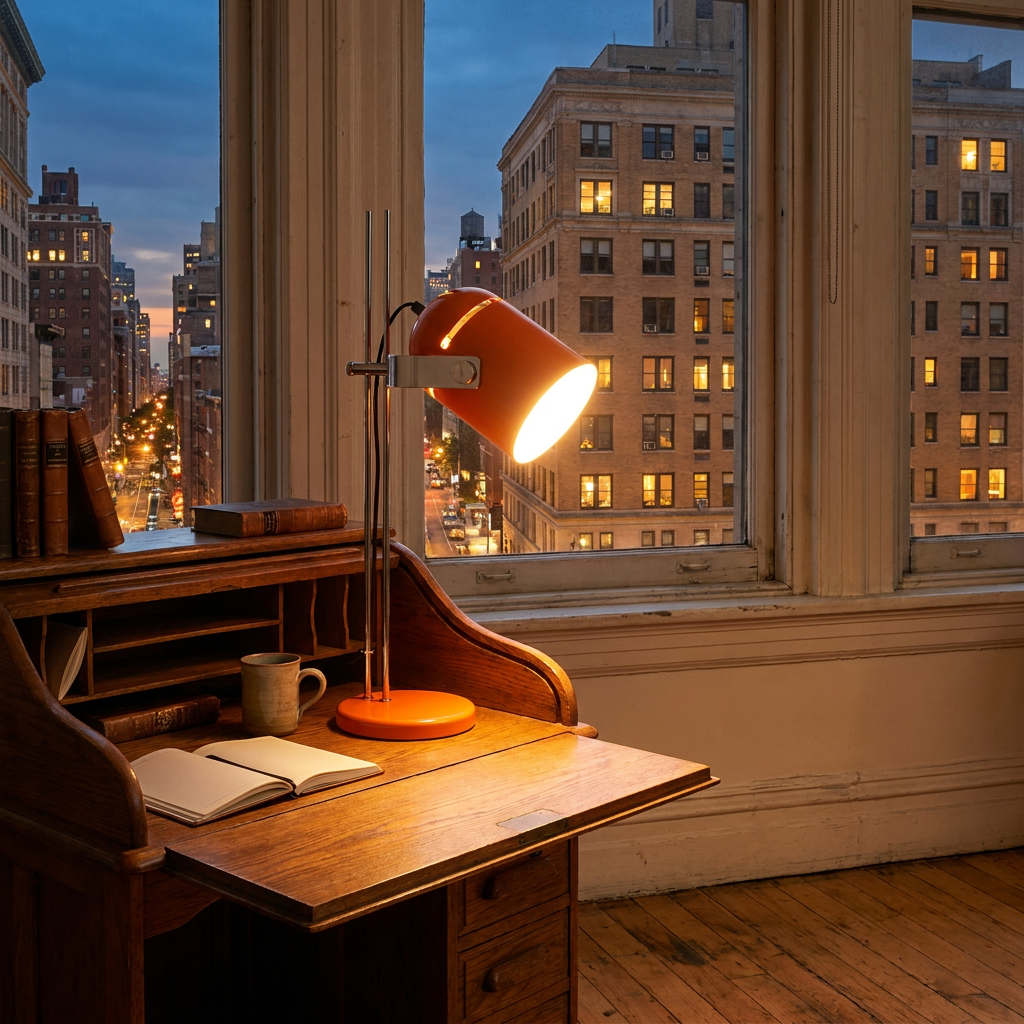 Tilden retro desk lamp on a desk in a Manhattan apartment