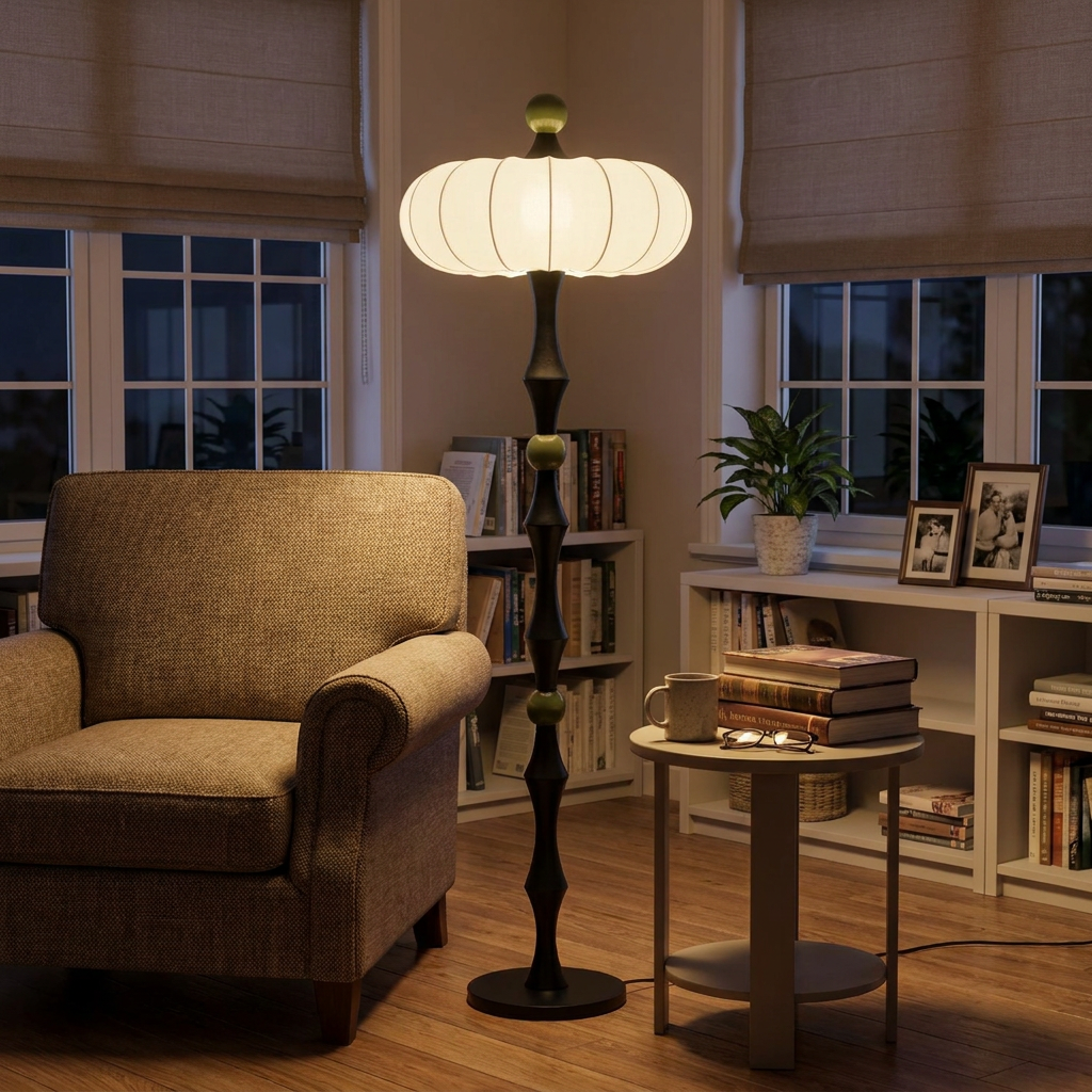 Saffi floor lamp beside a reading chair in a living room