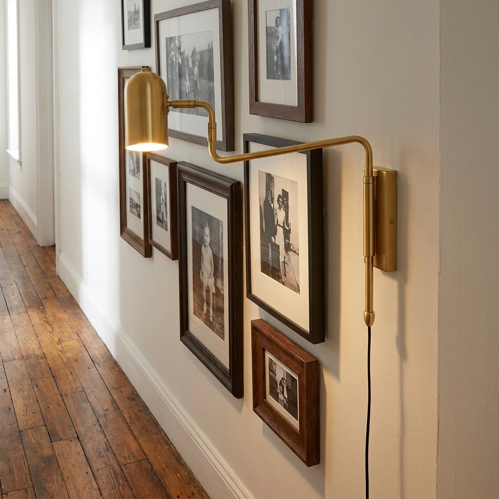 Swivo plug in swing arm wall lamp in brushed gold in a hallway of a Brooklyn apartment