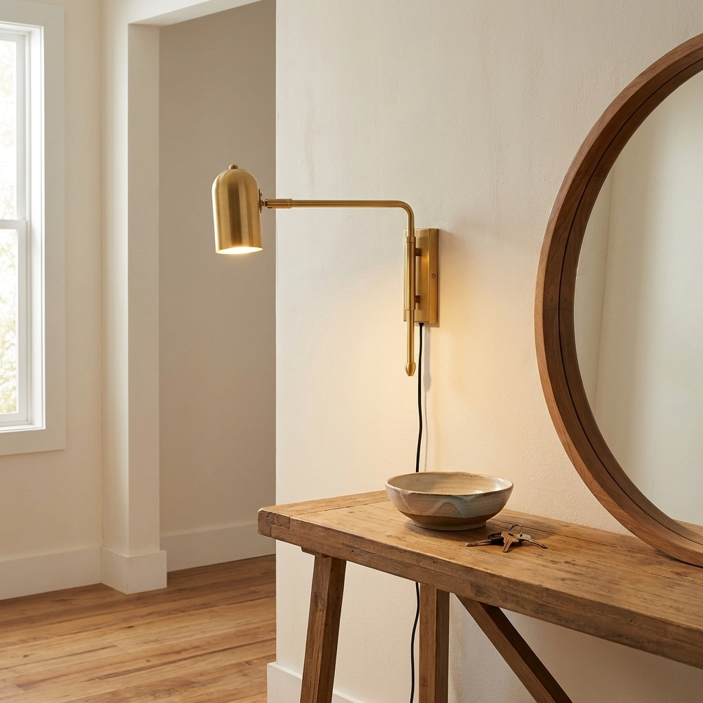 Swivo plug in swing arm wall lamp in brushed gold in an entryway