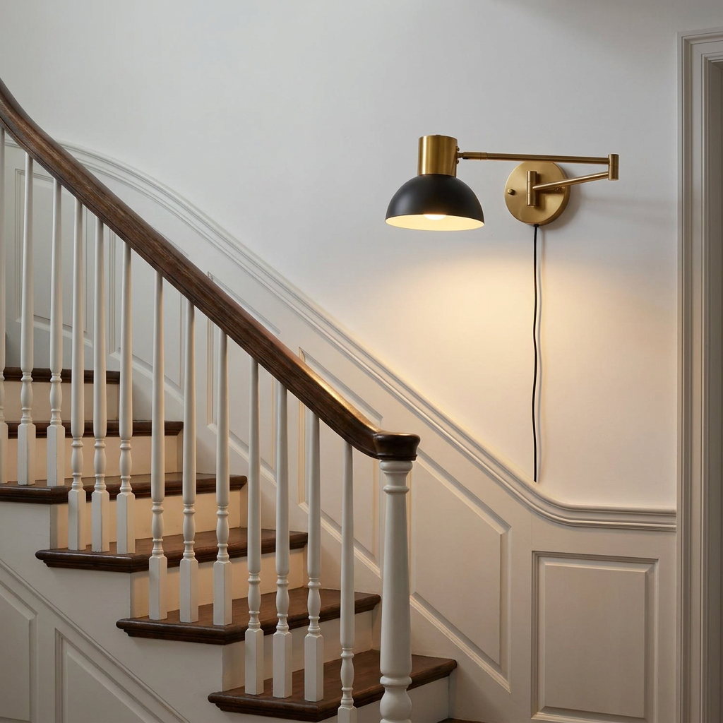 Swivo plug in swing arm wall lamp on a staircase wall