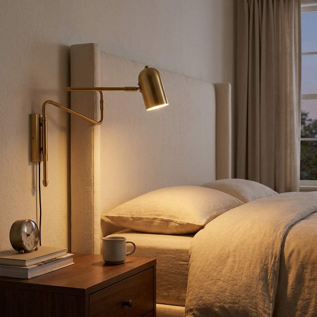 Swivo plug in swing arm wall lamp in brushed gold beside a bed in a suburban primary bedroom