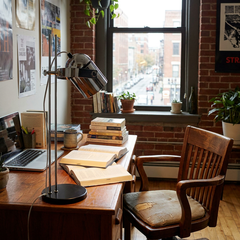 Tilden retro desk lamp on a study desk in a dorm style bedroom