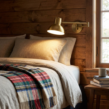 Arley hardwired swing arm reading wall lamp in brushed gold in a guest bedroom of a lake house