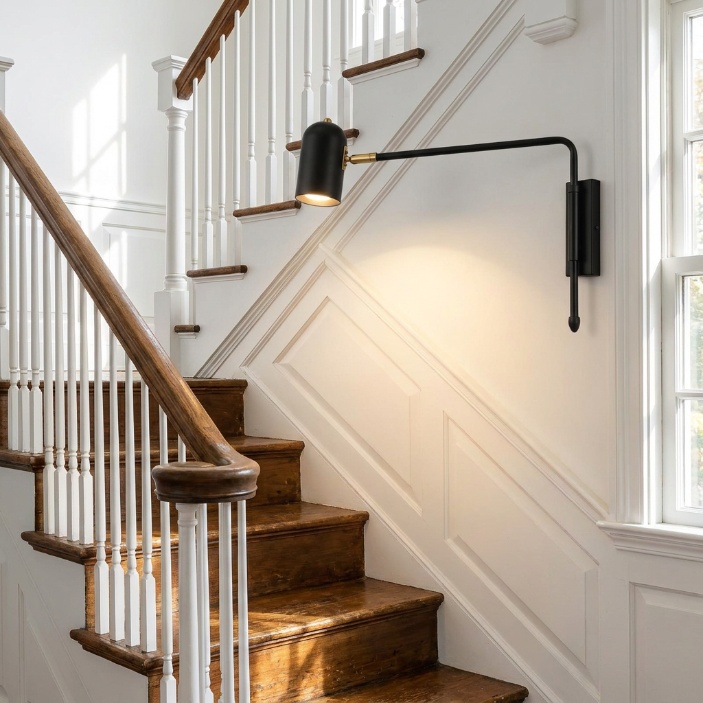 Arley hardwired swing arm reading wall lamp in black and gold on a staircase wall