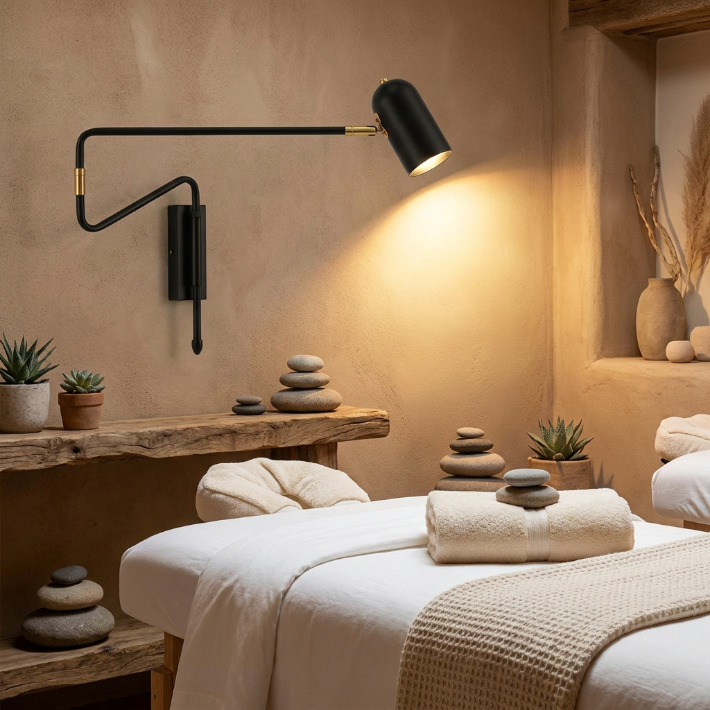 Arley hardwired swing arm reading wall lamp in black and gold in a spa treatment room