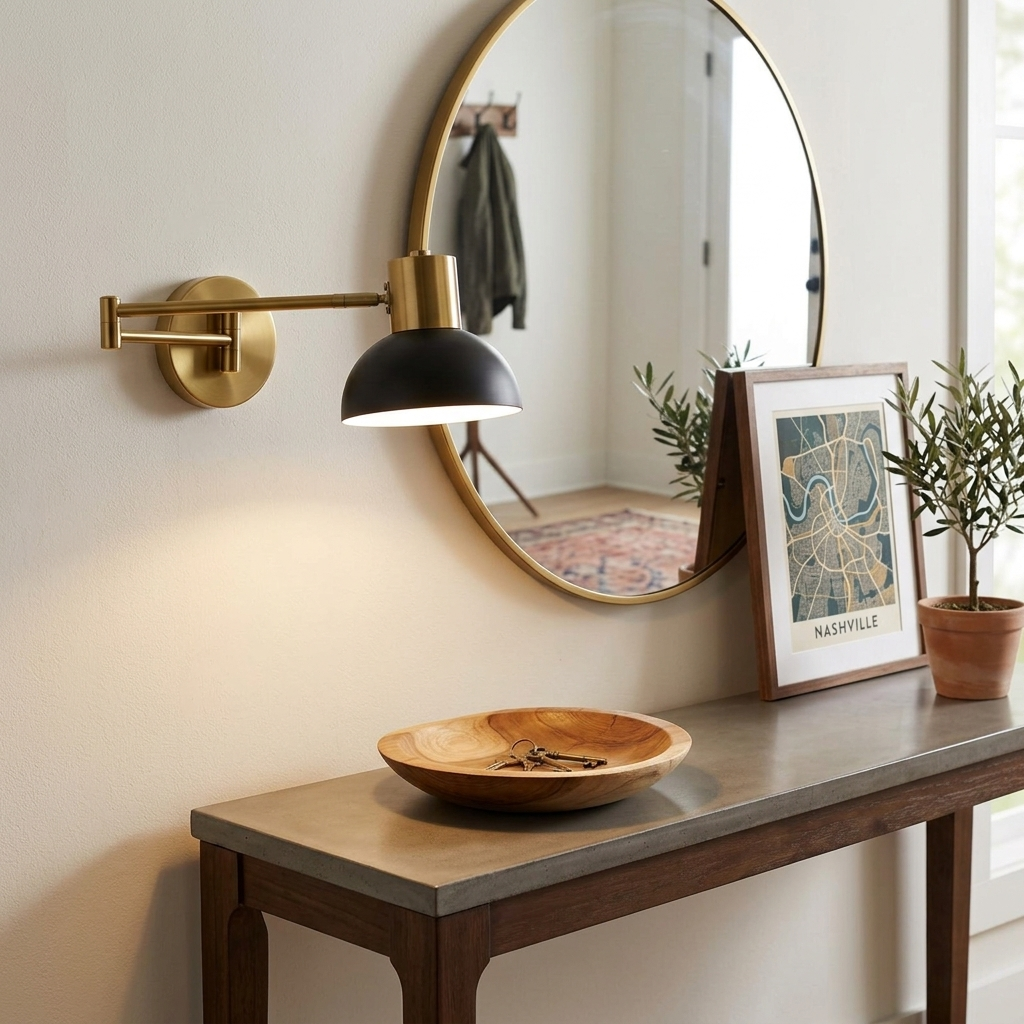 Arley hardwired swing arm reading wall lamp in an entryway