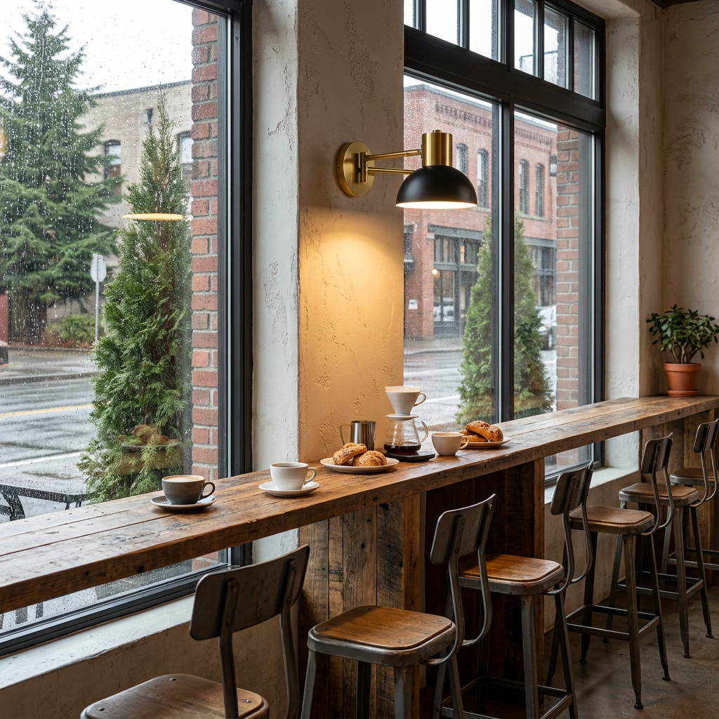 Arley hardwired swing arm reading wall lamp in a cafe