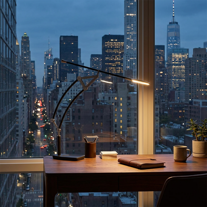 Atlas articulated LED task lamp on a desk in a Manhattan apartment