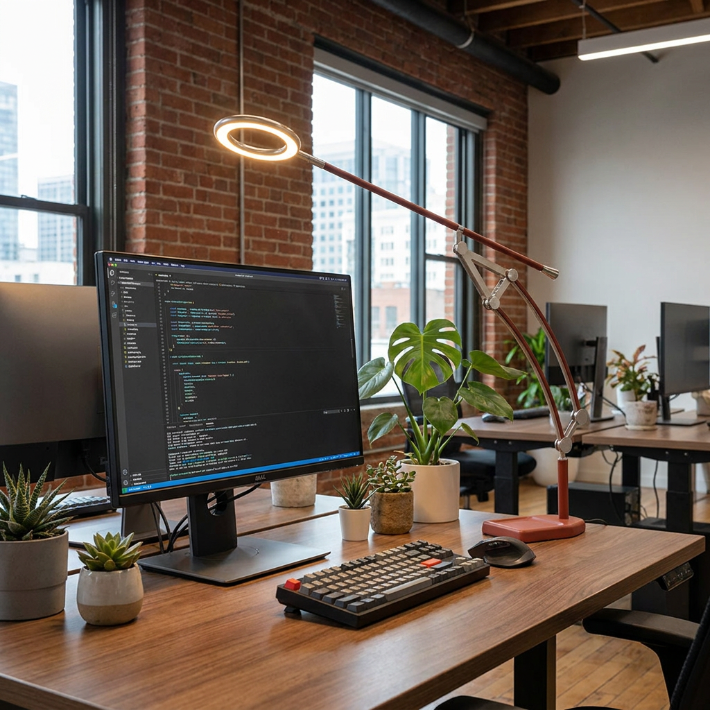 Atlas articulated LED task lamp on a desk in a corporate office