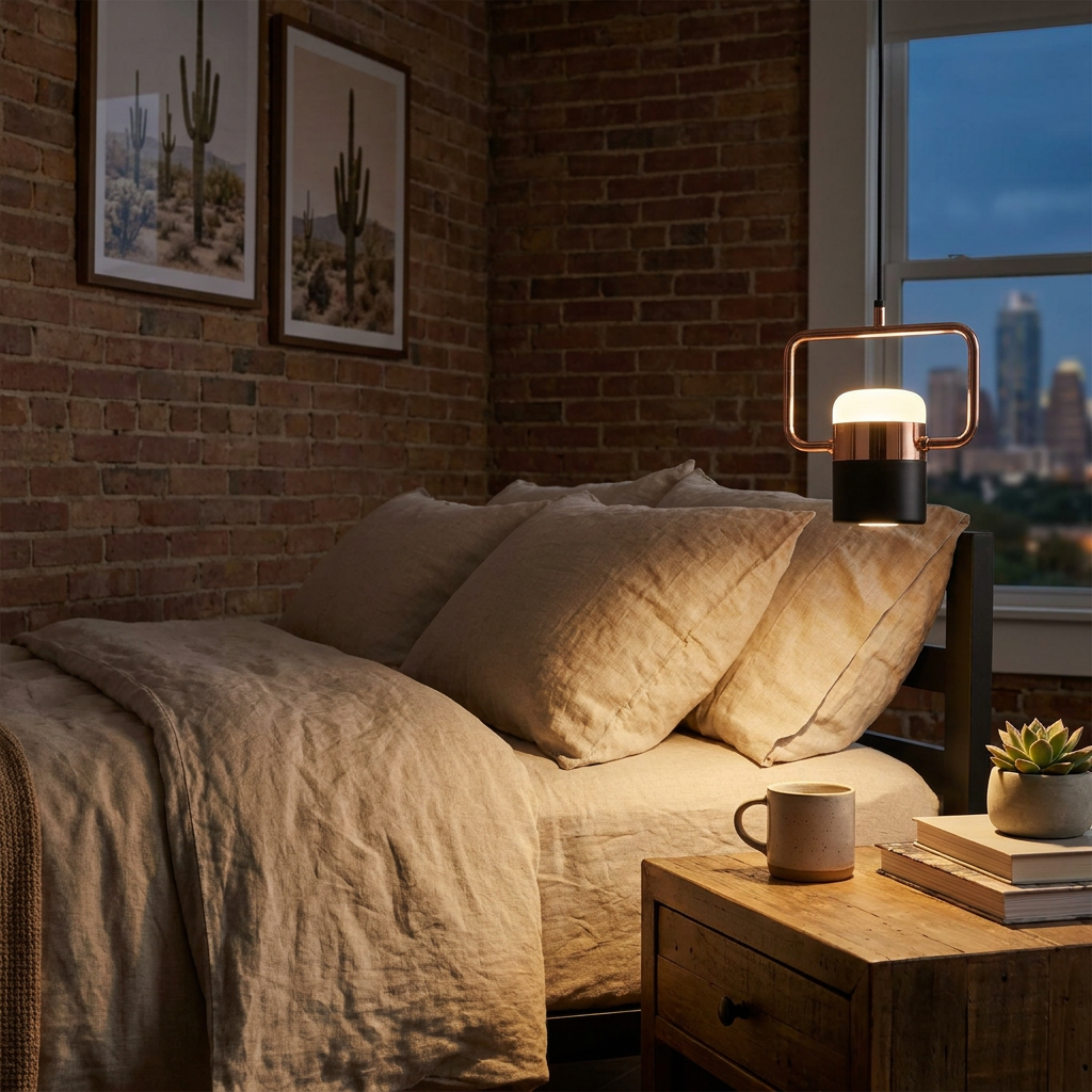Marisol small LED pendant light beside a bed in a hotel room