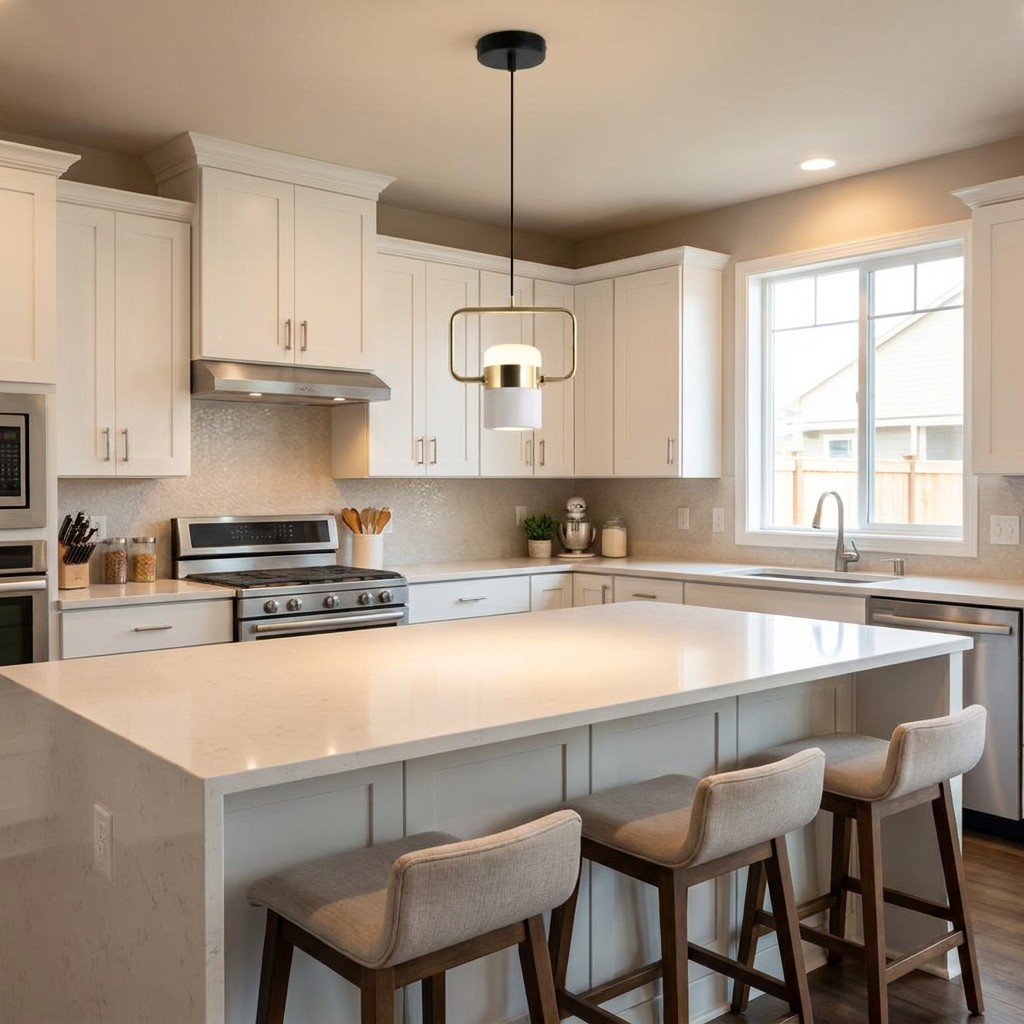 Marisol small LED pendant light over a kitchen island in a suburban home