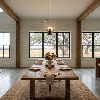 Marisol LED pendant light over a dining table in a farmhouse