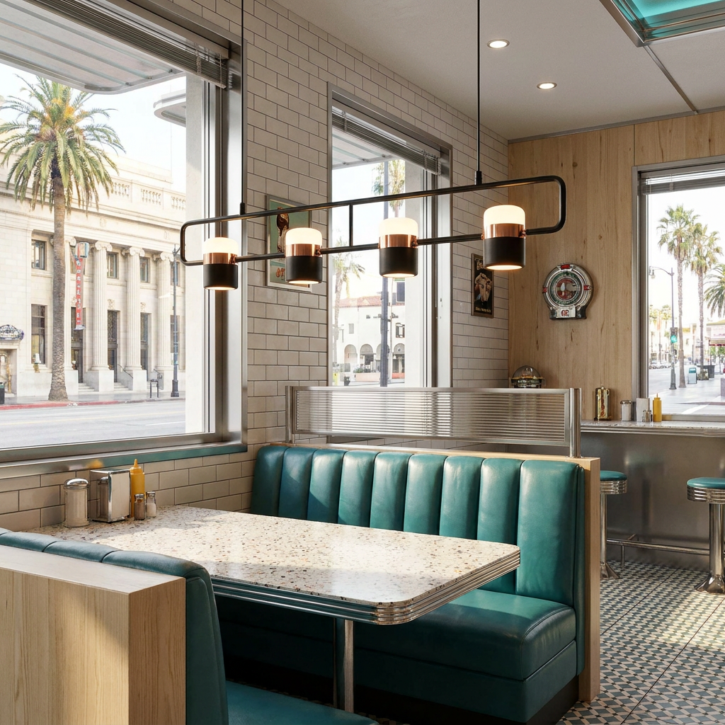 Marisol medium linear LED pendant light over a restaurant booth