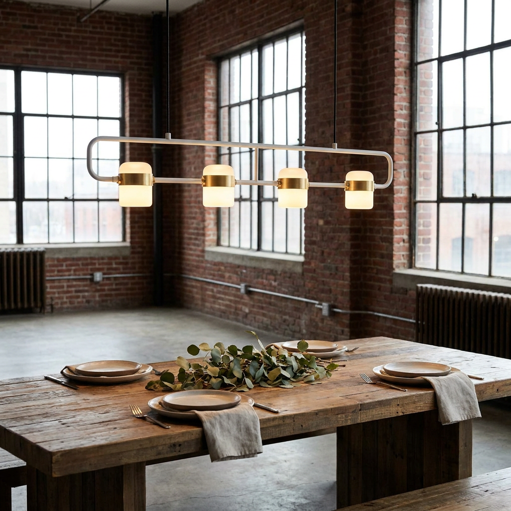 Marisol medium linear LED pendant light over a dining table in a loft