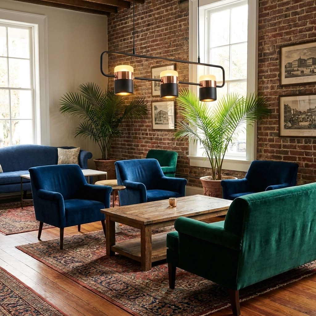 Marisol short linear LED pendant light in a hotel lobby lounge