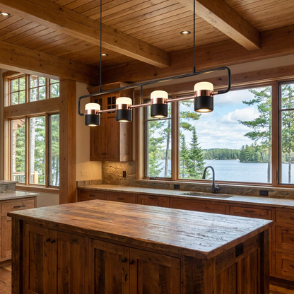 Marisol medium linear LED pendant light over a kitchen island in a lake house