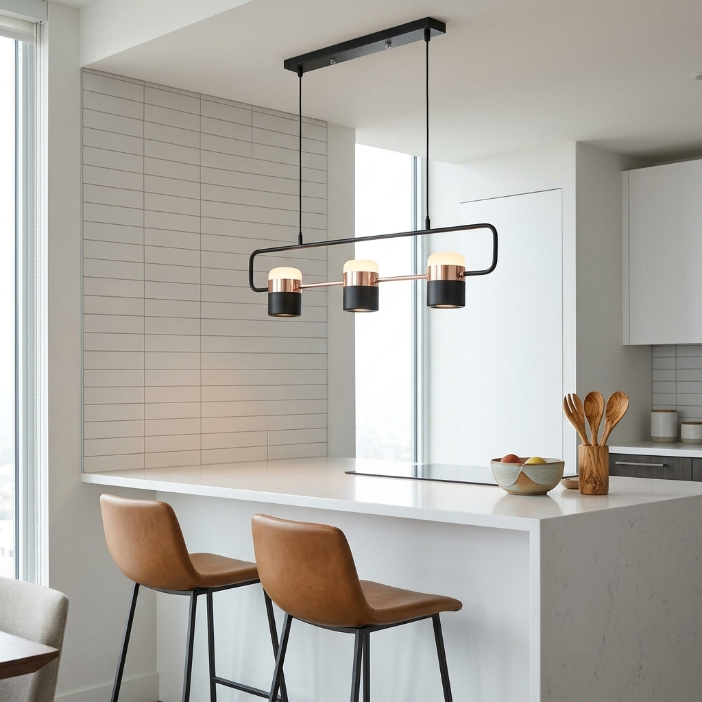 Marisol short linear LED pendant light over a kitchen peninsula in a condo