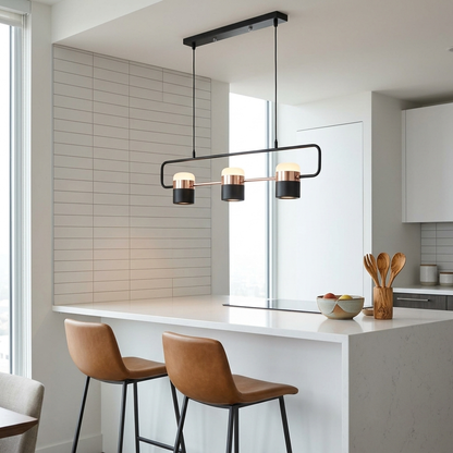 Marisol short linear LED pendant light over a kitchen peninsula in a condo