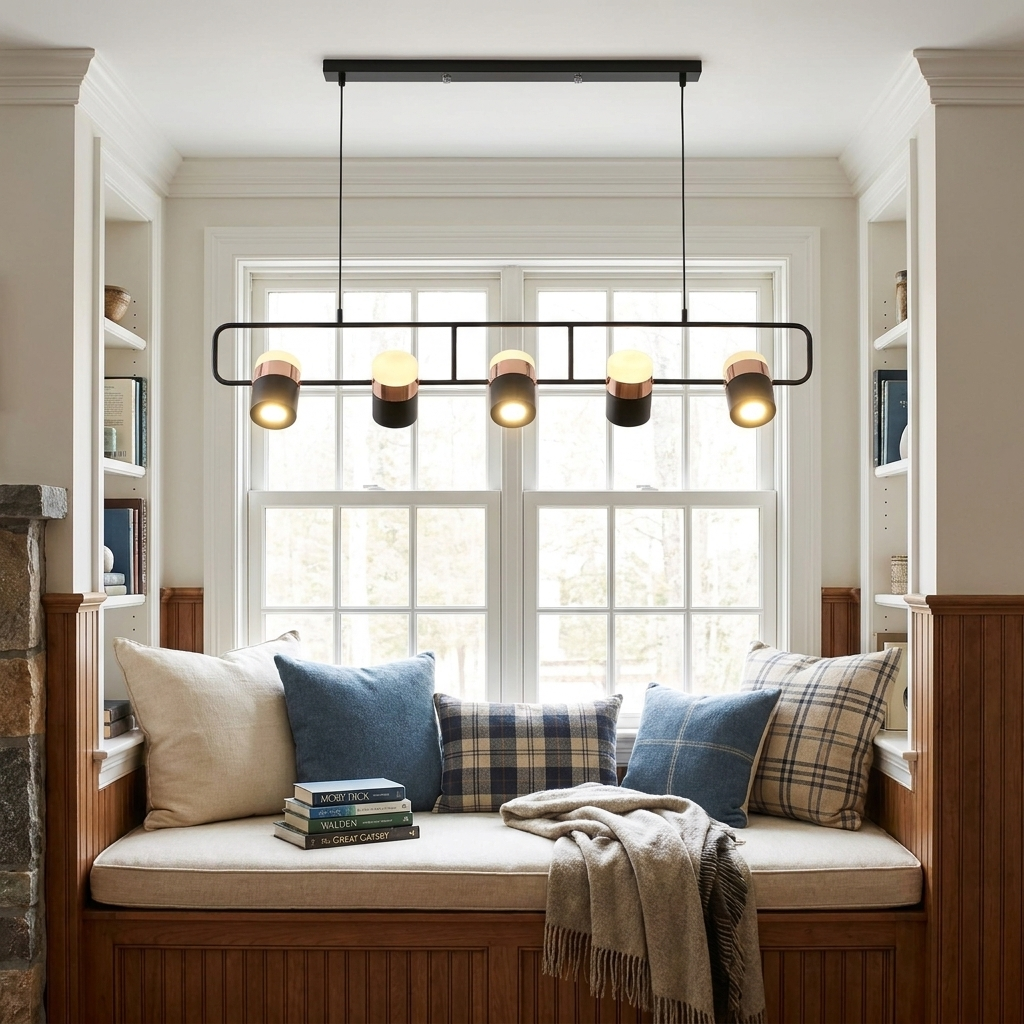 Marisol long linear LED pendant light over a reading nook