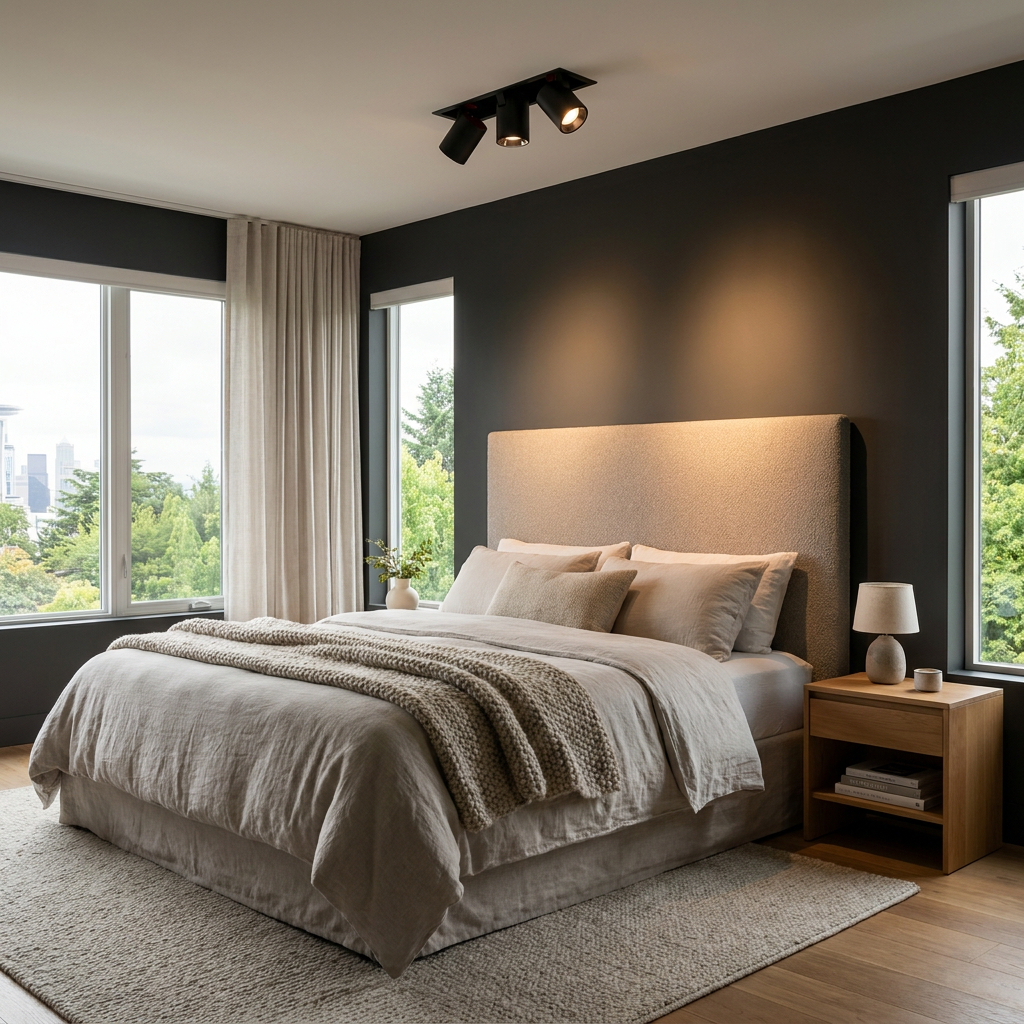 Cielo triple head black adjustable recessed LED spotlight in a bedroom ceiling