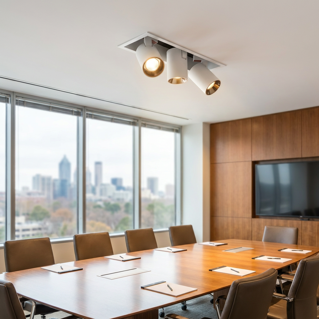 Cielo triple head white adjustable recessed LED spotlight in an office ceiling