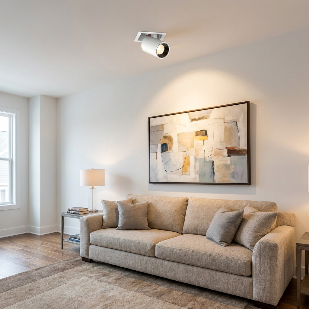 Cielo single head white adjustable recessed LED spotlight in a living room ceiling