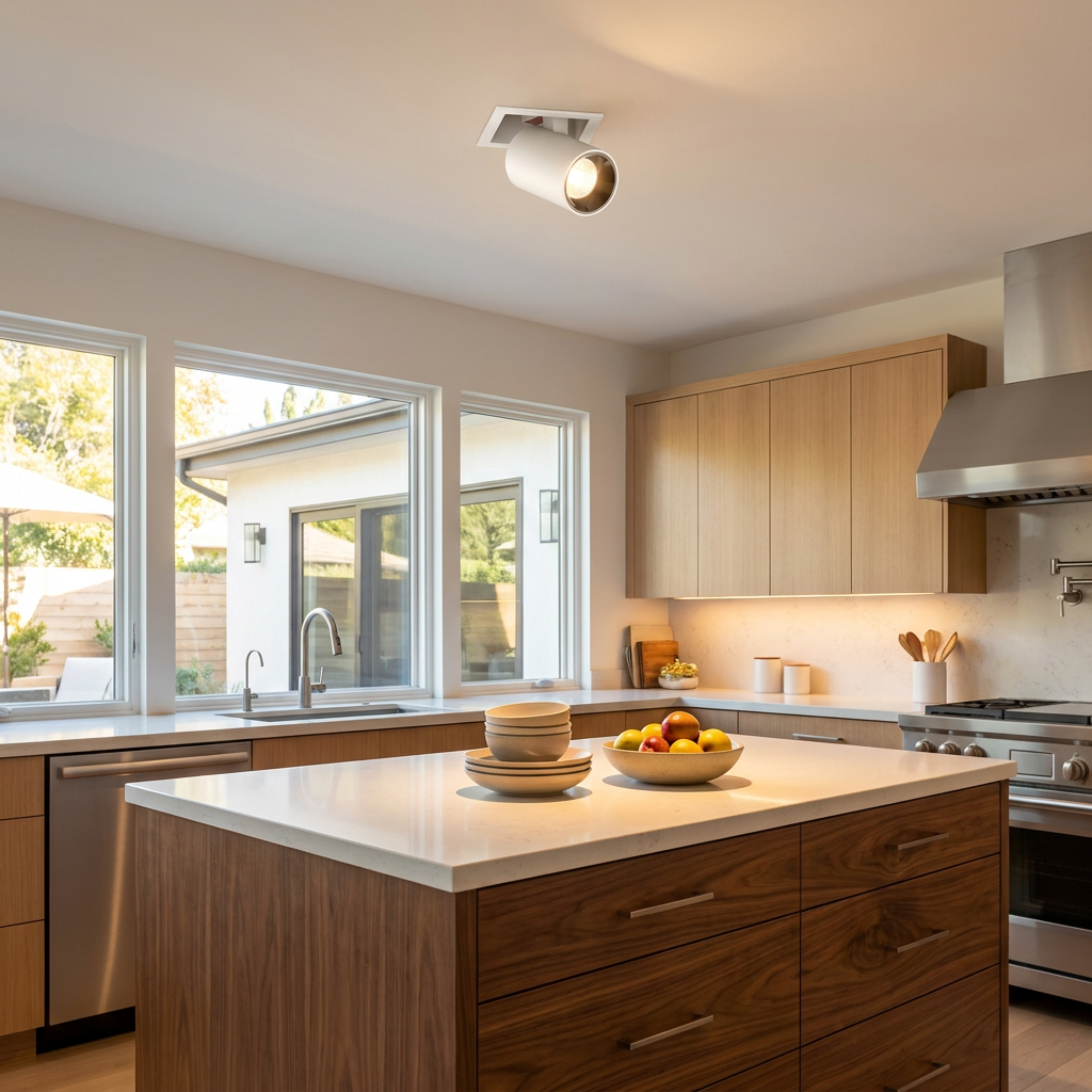 Cielo single head white adjustable recessed LED spotlight in a kitchen ceiling