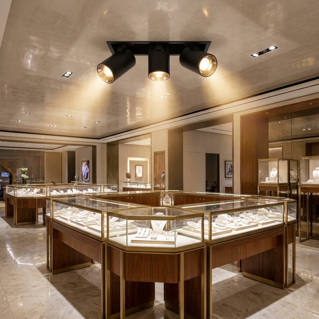 Cielo triple head black adjustable recessed LED spotlight in a jewelry store ceiling