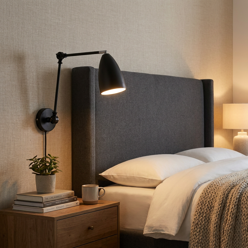 Bennett black double swing arm wall sconce beside a bed in a suburban primary bedroom