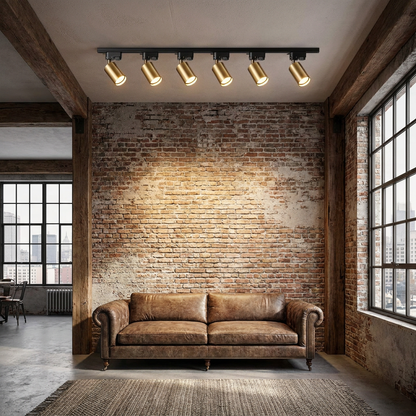 Rennick black LED track light in a loft living room
