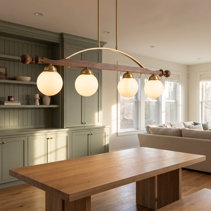 Verdane walnut and gold linear chandelier in a craftsman home dining area
