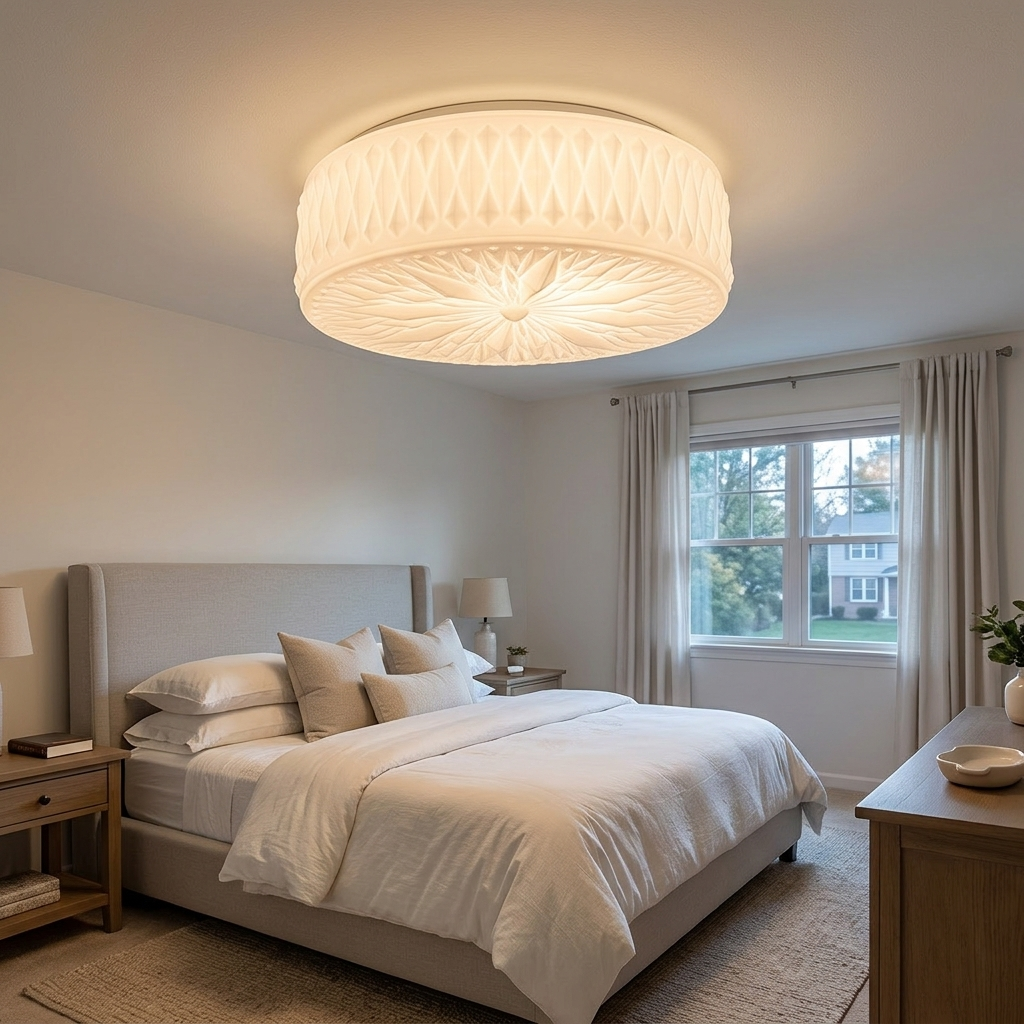 Celestine glass drum ceiling light in White in a suburban bedroom