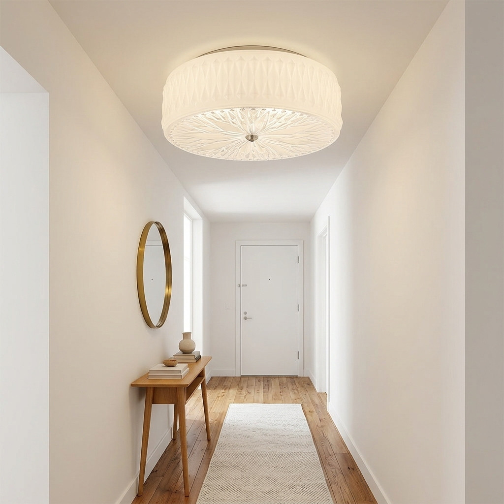 Celestine glass drum ceiling light in White in an apartment hallway