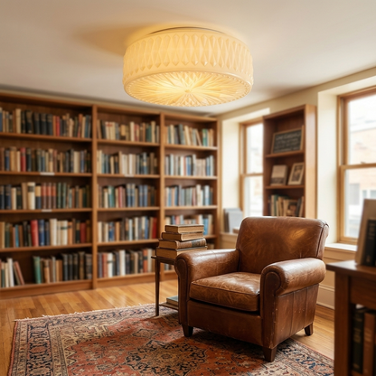 Celestine glass drum ceiling light in Beige in a bookstore reading nook
